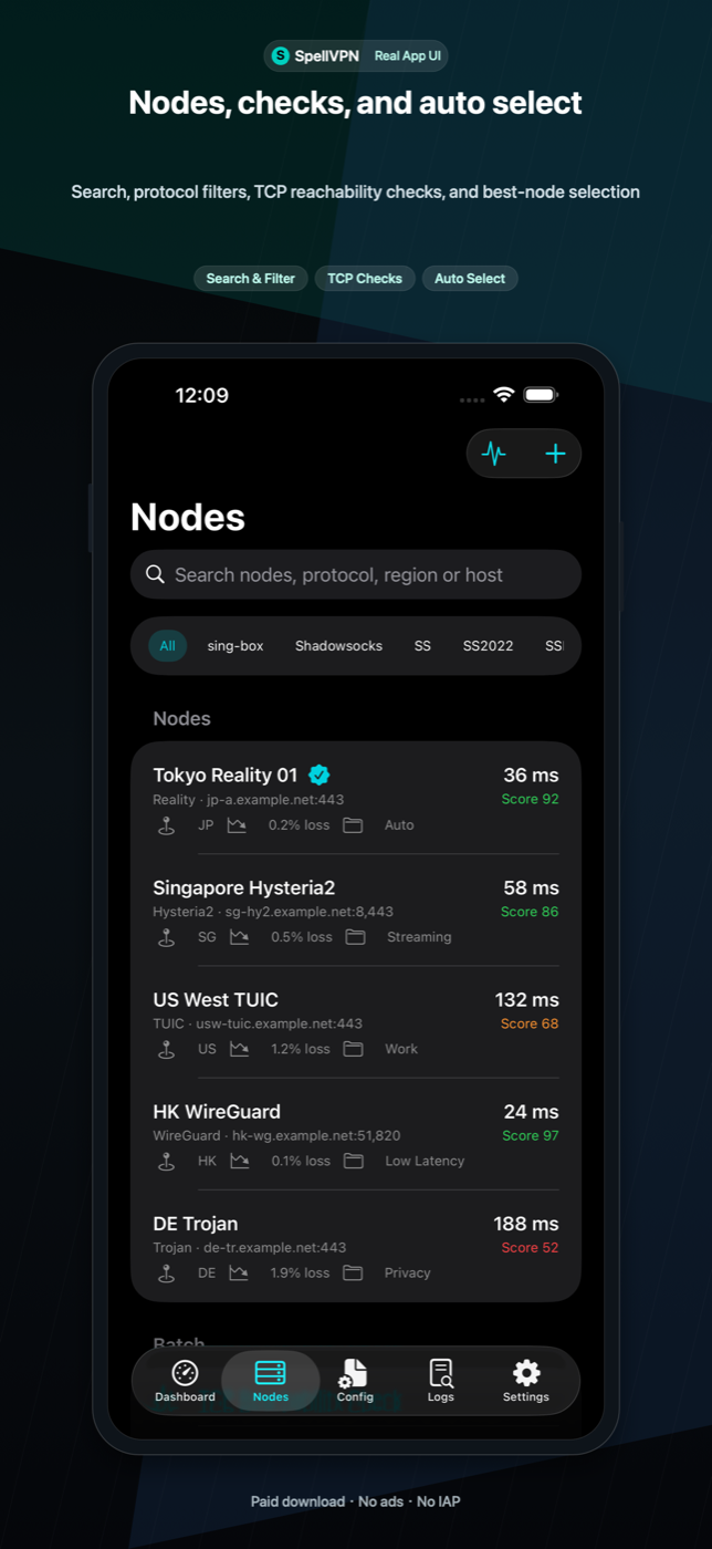 Manage imported nodes, favorites, single-node export, and node QR codes.