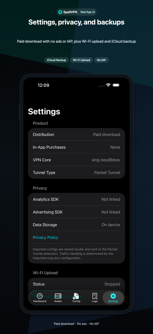 Settings show edition details, privacy status, Wi-Fi Upload, iCloud Drive backups, local reset, and network tools.