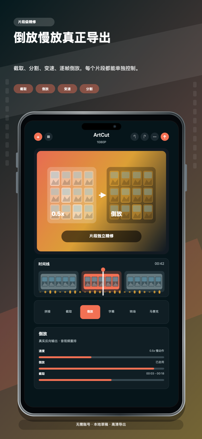 Trim, split, reverse, adjust speed, and arrange clips.