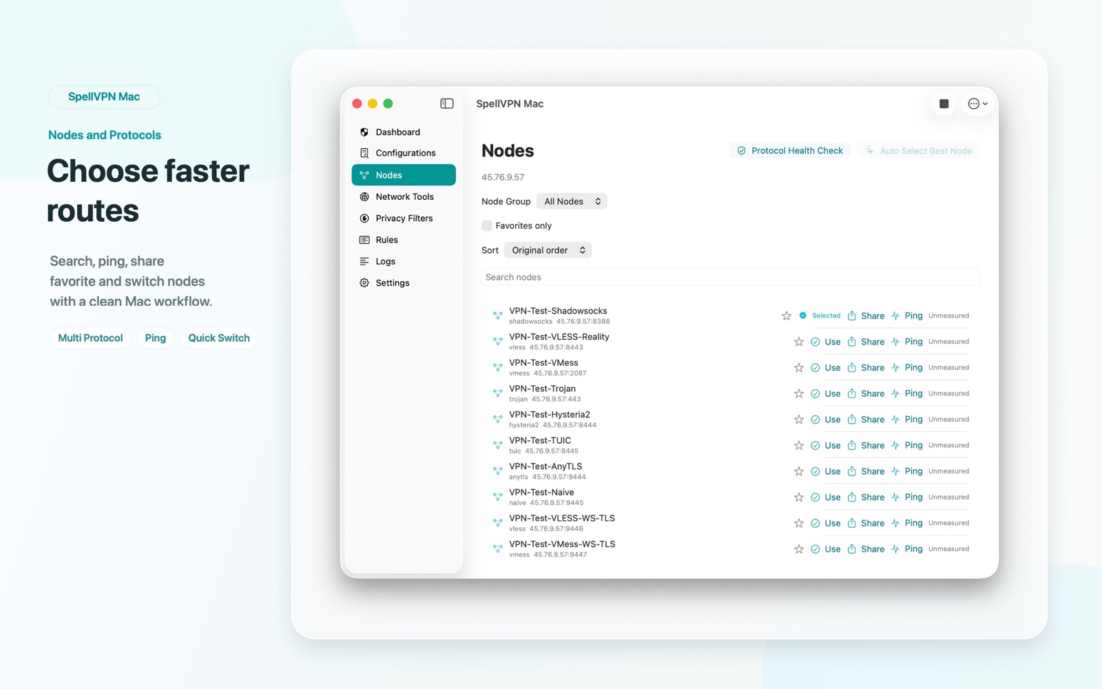 SpellVPN macOS node management screenshot