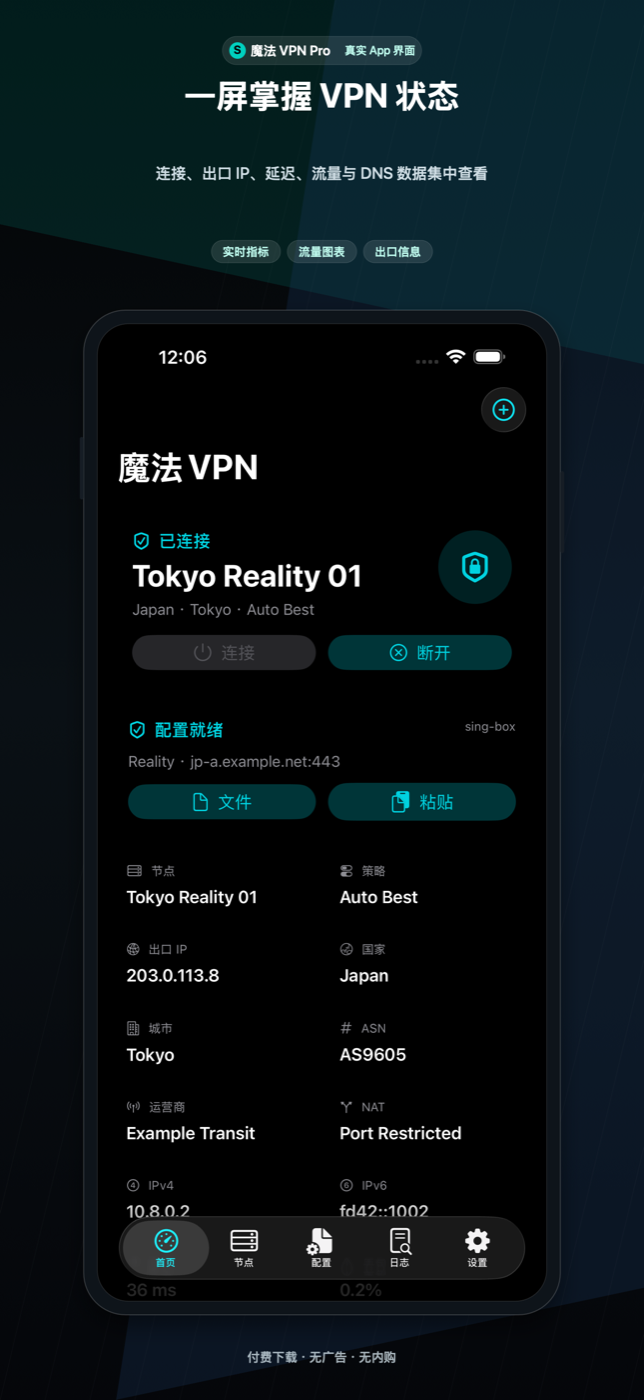 SpellVPN 仪表盘和连接概览。